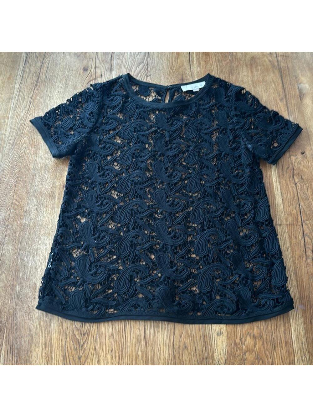Ann Taylor LOFT Black Lace Short Sleeve Blouse size large